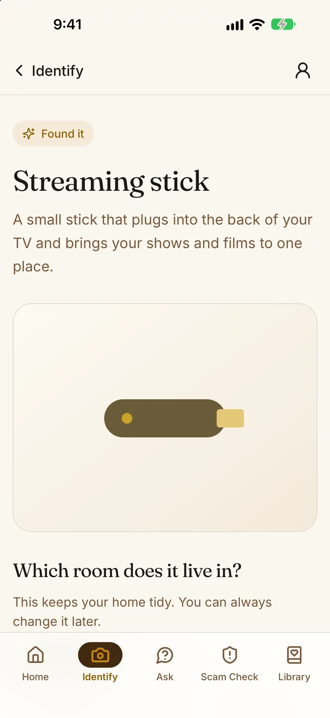My Tech Buddy 1.2 Identify screen: Snap a photo - we'll tell you what it is and how to set it up
