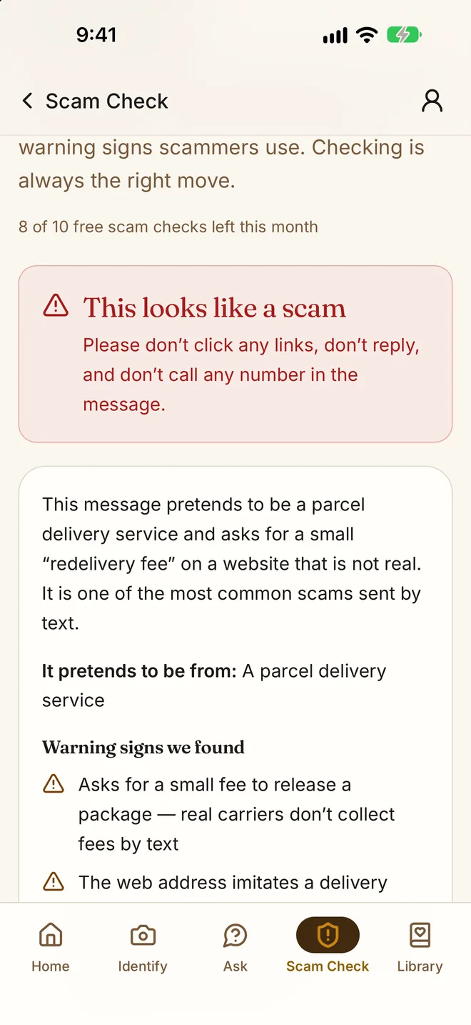 My Tech Buddy 1.2 Scam Check screen: We check a message for the tricks scammers use