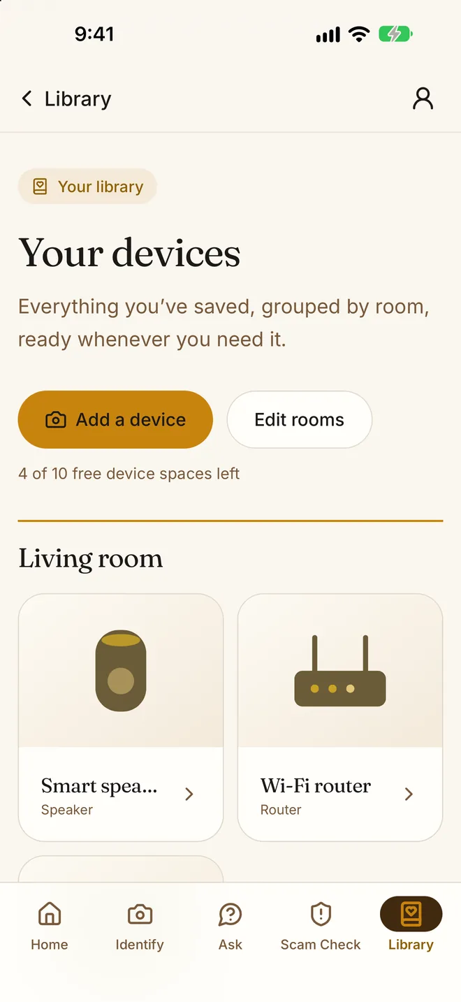 My Tech Buddy 1.2 Library screen: Every device saved by room with its own guide