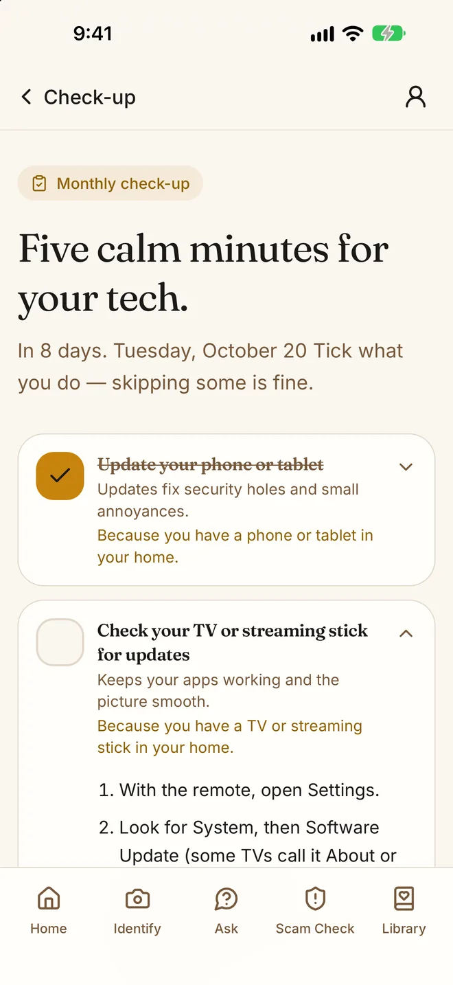 My Tech Buddy 1.2 Check-up screen: Five calm minutes a month keeps everything running