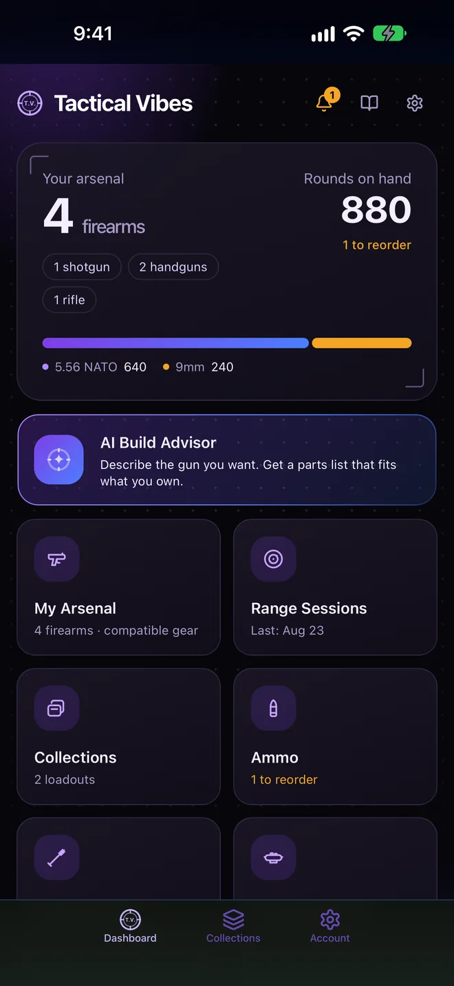 Tactical Vibes 1.5 Dashboard screen: Firearms, rounds on hand and what needs attention