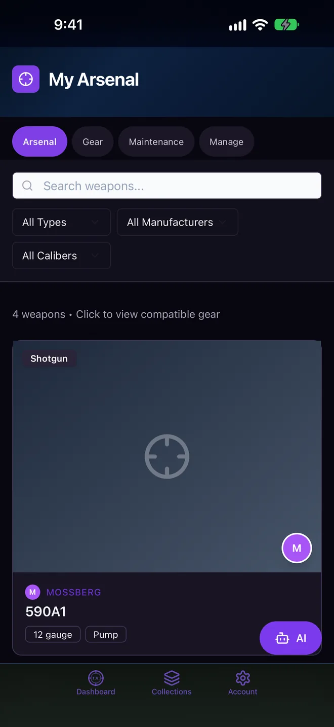 Tactical Vibes 1.5 My Arsenal screen: Every firearm, with the gear that fits it