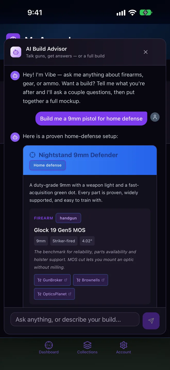 Tactical Vibes 1.5 AI Build Advisor screen: Describe what you need, get a complete build