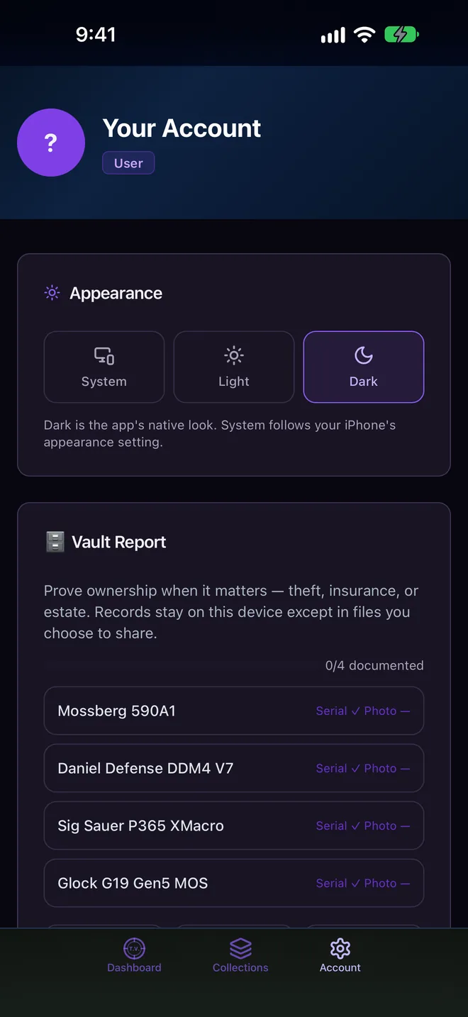 Tactical Vibes 1.5 Vault Report screen: Proof of ownership when it matters